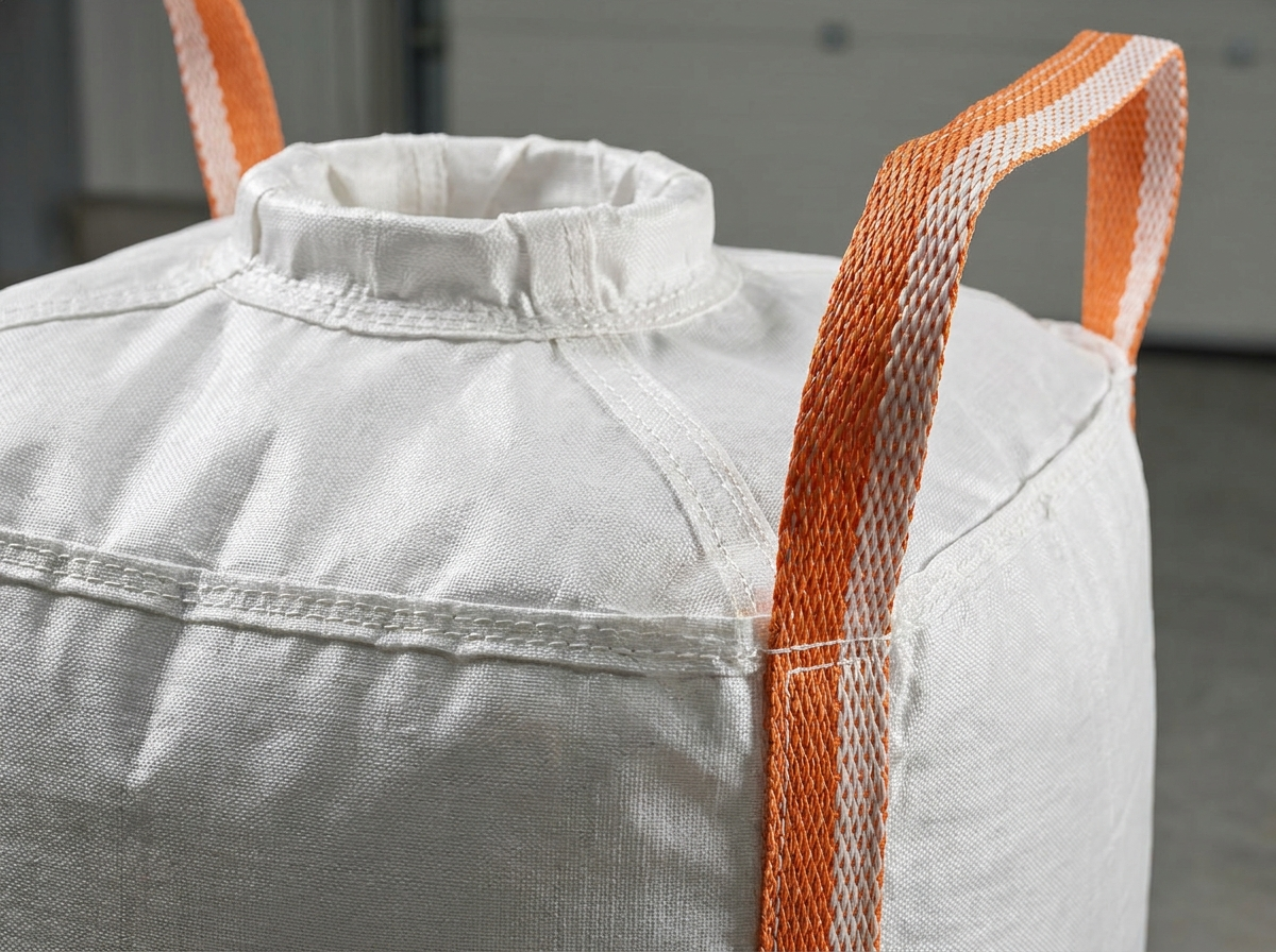 Detail van oranje draaglussen op maatwerk big bag — vakmanschap Korrion